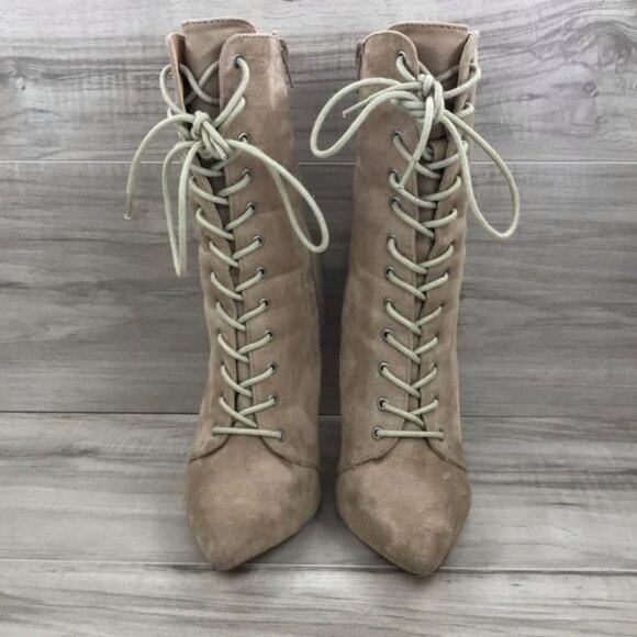 Olivia Ferguson Boots Womens 7.5 Tan Faux Suede Zip Lace Up Stiletto Heels - Picture 5 of 10